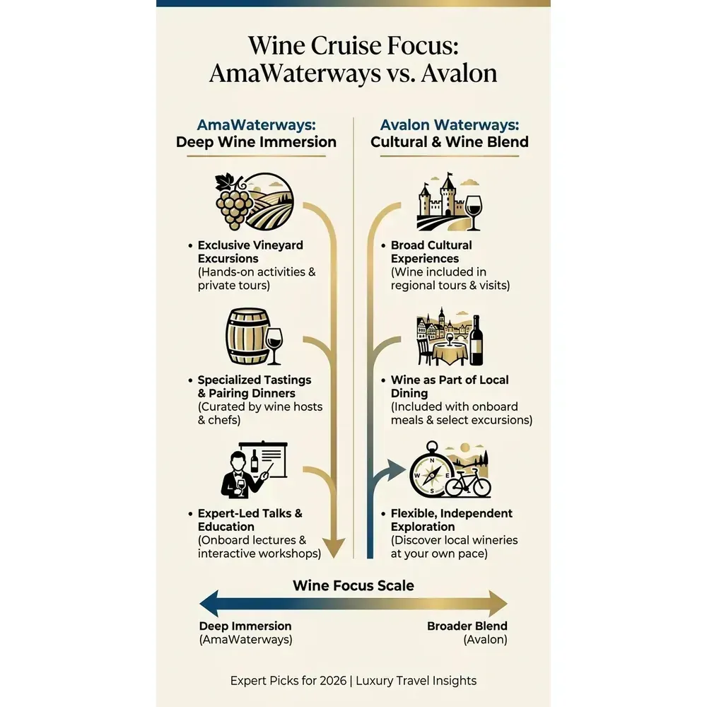 AmaWaterways vs Avalon Wine Cruises – 2026 Guide | Expert Picks – Wine Cruise Focus: AmaWaterways vs. Avalon infographic for luxury cruise planning. Key details:
. Visual focus: Illustrate the level of wine integration in each cruise line. Show.