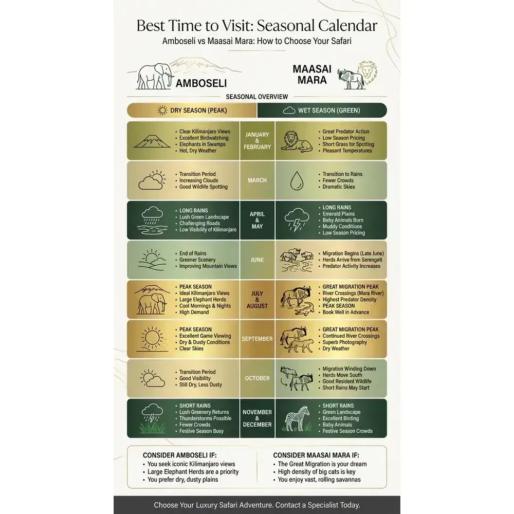 Amboseli vs Maasai Mara: How to Choose Your Safari – Best Time to Visit: Seasonal Calendar infographic for luxury destination wedding and travel planning. Key details: Amboseli vs Maasai Mara is one of the key decisions in any Kenya safari plan. Both. Visual focus: A month-by-month calendar visually representing the best times to.