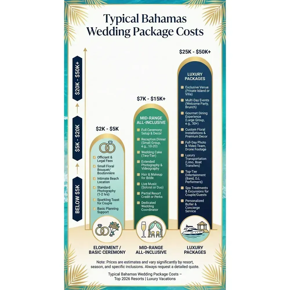 Bahamas Wedding Packages – Top 2026 Resorts | Luxury Vacations – Typical Bahamas Wedding Package Costs infographic for luxury destination wedding and travel planning. Key details: Featured image. Visual focus: A bar graph visually representing the price ranges for.