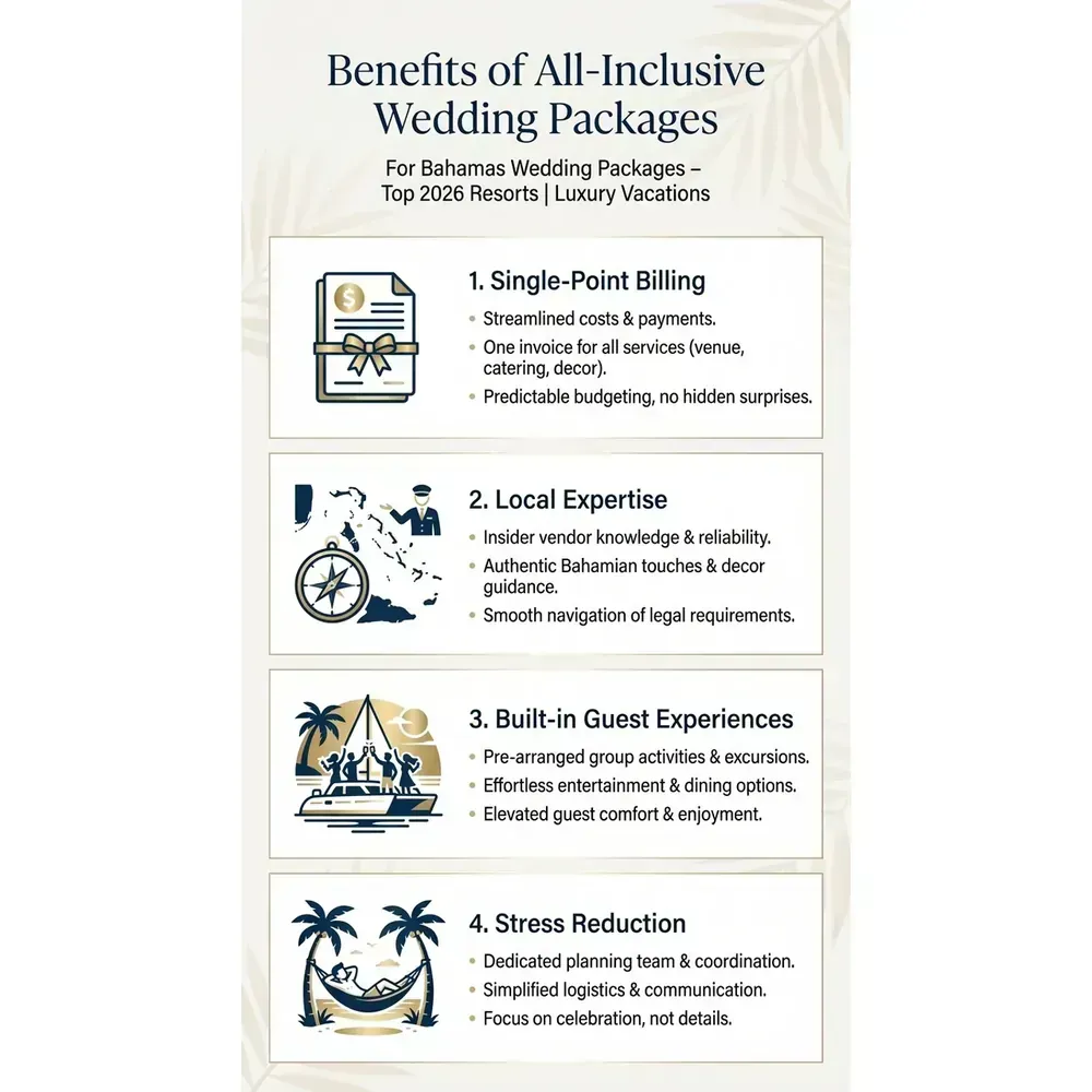 Bahamas Wedding Packages – Top 2026 Resorts | Luxury Vacations – Benefits of All-Inclusive Wedding Packages infographic for luxury destination wedding and travel planning. Key details: Featured image. Visual focus: A visual list using icons and short descriptions to showcase the.