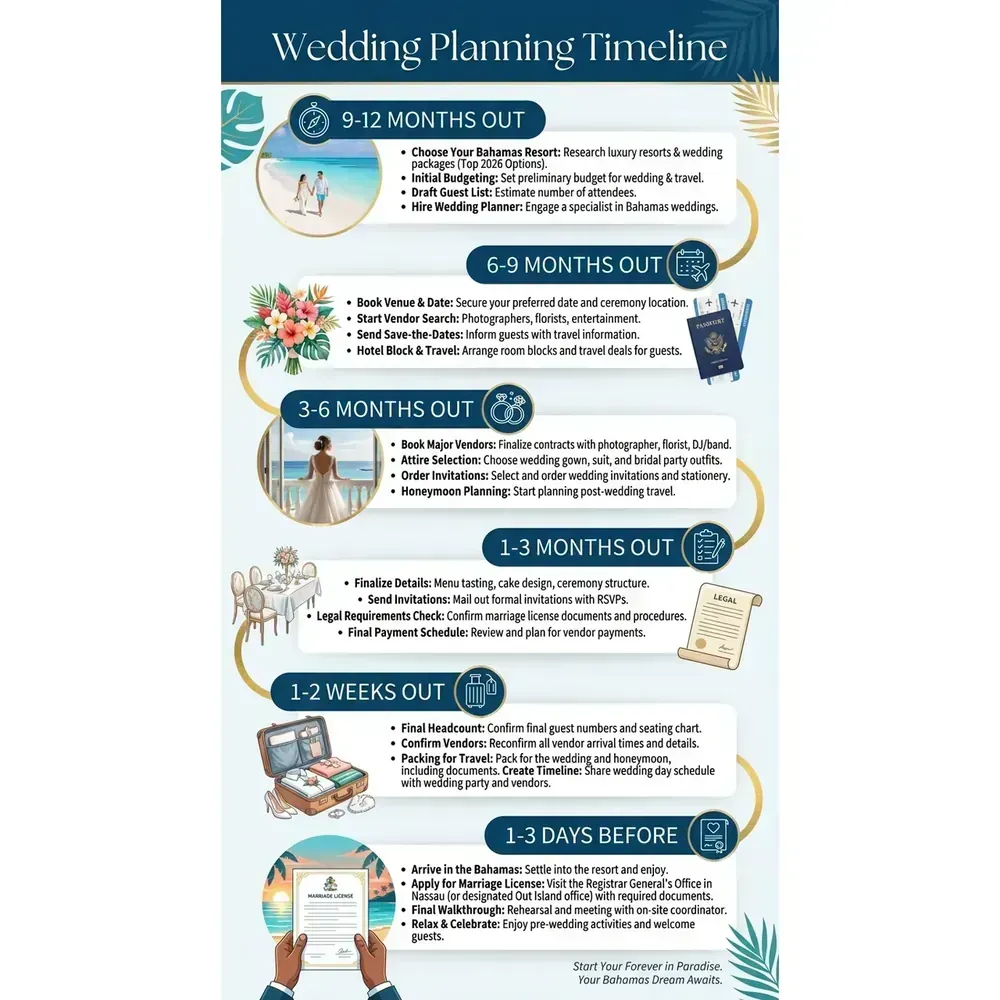 Bahamas Wedding Packages – Top 2026 Resorts | Luxury Vacations – Wedding Planning Timeline infographic for luxury destination wedding and travel planning. Key details: Featured image. Visual focus: A timeline infographic visualizing the key milestones in planning a.