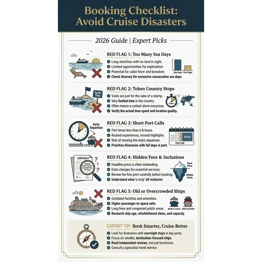 Best Greece and Croatia Cruises – 2026 Guide | Expert Picks – Booking Checklist: Avoid Cruise Disasters infographic for luxury cruise planning. Key details: The best Greece and Croatia cruises in 2026-2027 are the itineraries that actually give. Visual focus: A checklist-style infographic outlining key red flags and mistakes to.