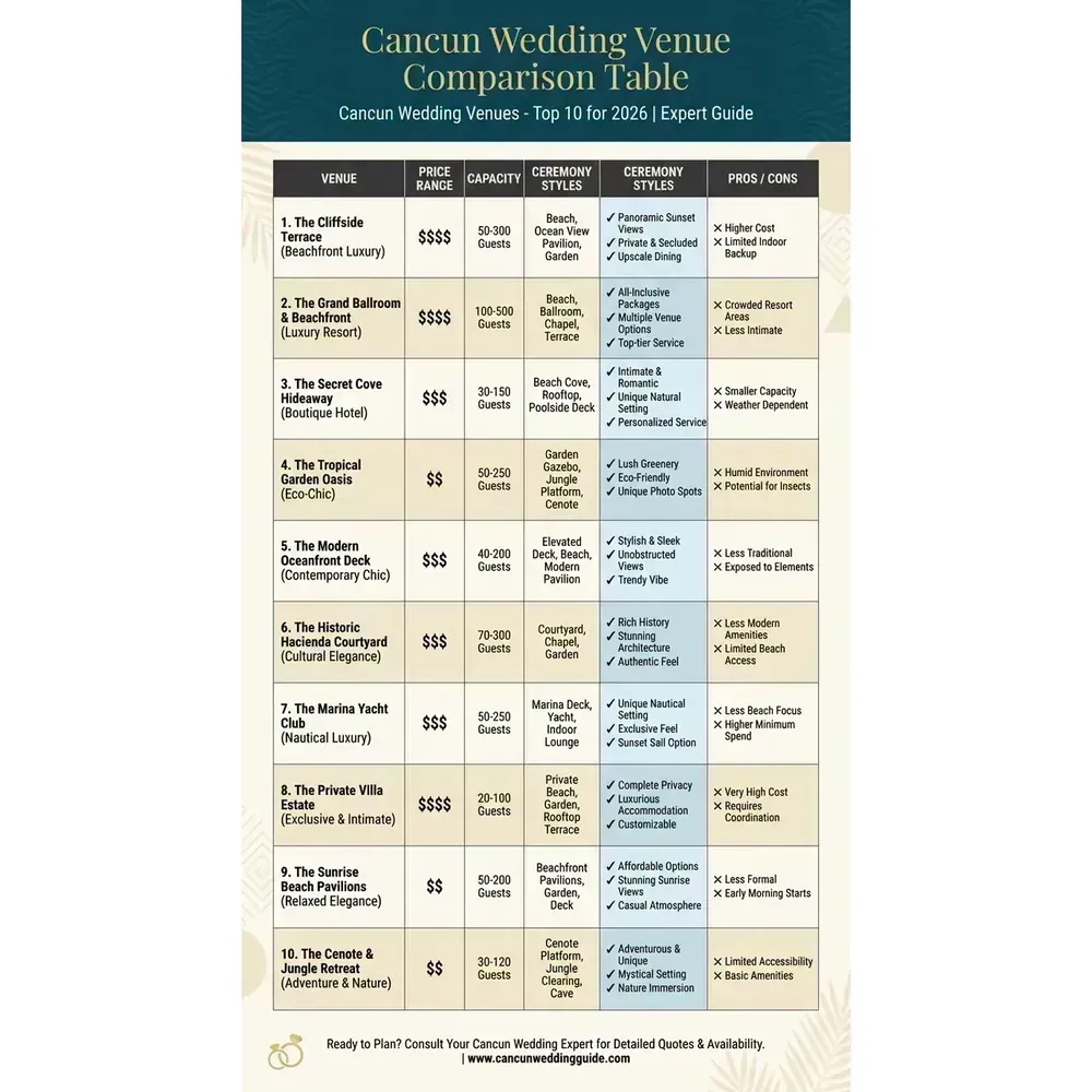 Cancun Wedding Venues - Top 10 for 2026 | Expert Guide – Cancun Wedding Venue Comparison Table infographic for luxury destination wedding and travel planning. Key details: Planning a 2026 destination wedding and comparing **Cancun wedding venues (Top 10 for. Visual focus: A table comparing the top 10 Cancun wedding venues based on key.