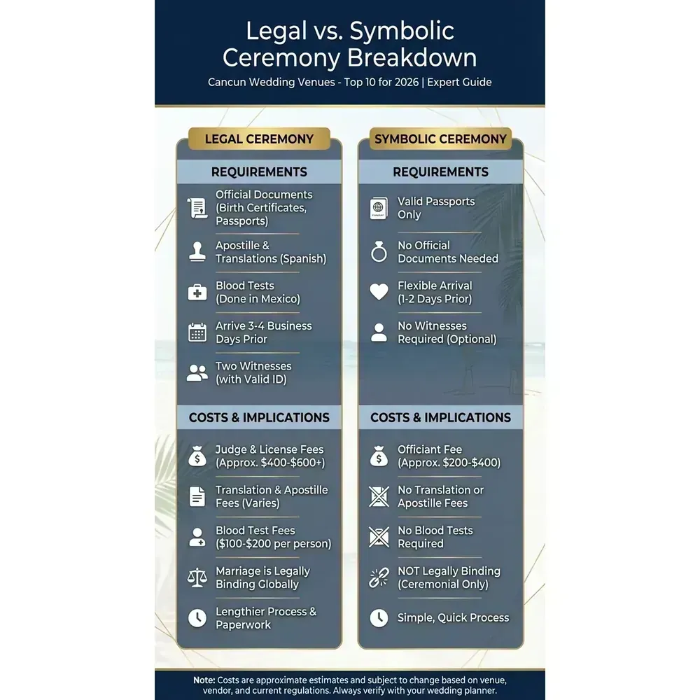 Cancun Wedding Venues - Top 10 for 2026 | Expert Guide – Legal vs. Symbolic Ceremony Breakdown infographic for luxury destination wedding and travel planning. Key details: Planning a 2026 destination wedding and comparing **Cancun wedding venues (Top 10 for. Visual focus: A side-by-side comparison of the requirements and costs for legal vs..