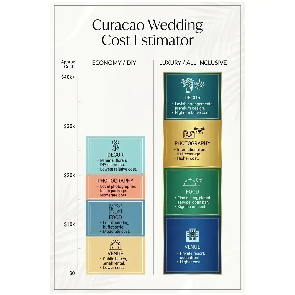 Curacao Wedding Packages – 2026 Guide | Expert Guide – Curacao Wedding Cost Estimator infographic for luxury destination wedding planning. Key details: Featured image. Visual focus: A bar graph comparing the estimated costs of an economy/DIY wedding.
