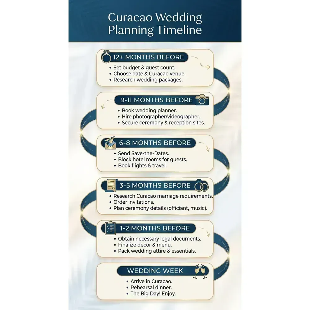 Curacao Wedding Packages – 2026 Guide | Expert Guide – Curacao Wedding Planning Timeline infographic for luxury destination wedding planning. Key details: Featured image. Visual focus: A timeline visualizing key tasks for planning a destination wedding.