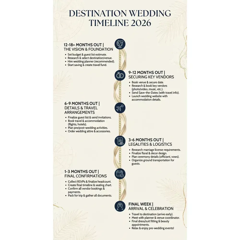 Destination Wedding Guide 2026 – Essential Planner | Expert Tips – Destination Wedding Timeline 2026 infographic for luxury destination wedding and travel planning. Key details: Planning a Destination Wedding starts with one unromantic truth: you are not just. Visual focus: A visual timeline breaking down the key milestones in planning a.