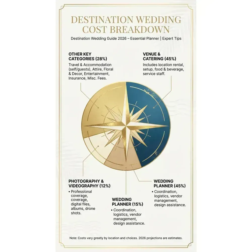 Destination Wedding Guide 2026 – Essential Planner | Expert Tips – Destination Wedding Cost Breakdown infographic for luxury destination wedding and travel planning. Key details: Planning a Destination Wedding starts with one unromantic truth: you are not just. Visual focus: A pie chart illustrating the typical expenses associated with a.