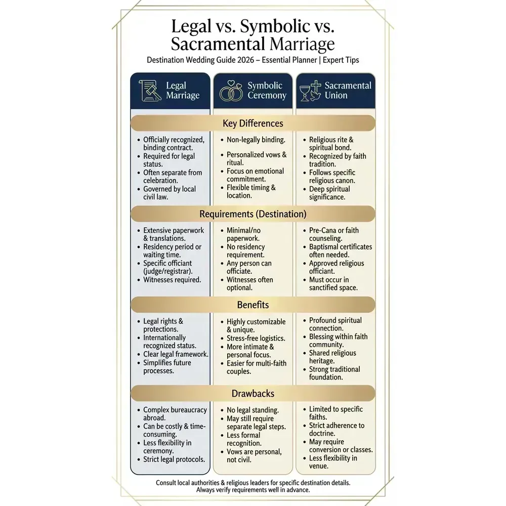 Destination Wedding Guide 2026 – Essential Planner | Expert Tips – Legal vs. Symbolic vs. Sacramental Marriage infographic for luxury destination wedding and travel planning. Key details: Planning a Destination Wedding starts with one unromantic truth: you are not just. Visual focus: A comparison table outlining the key differences, requirements,.