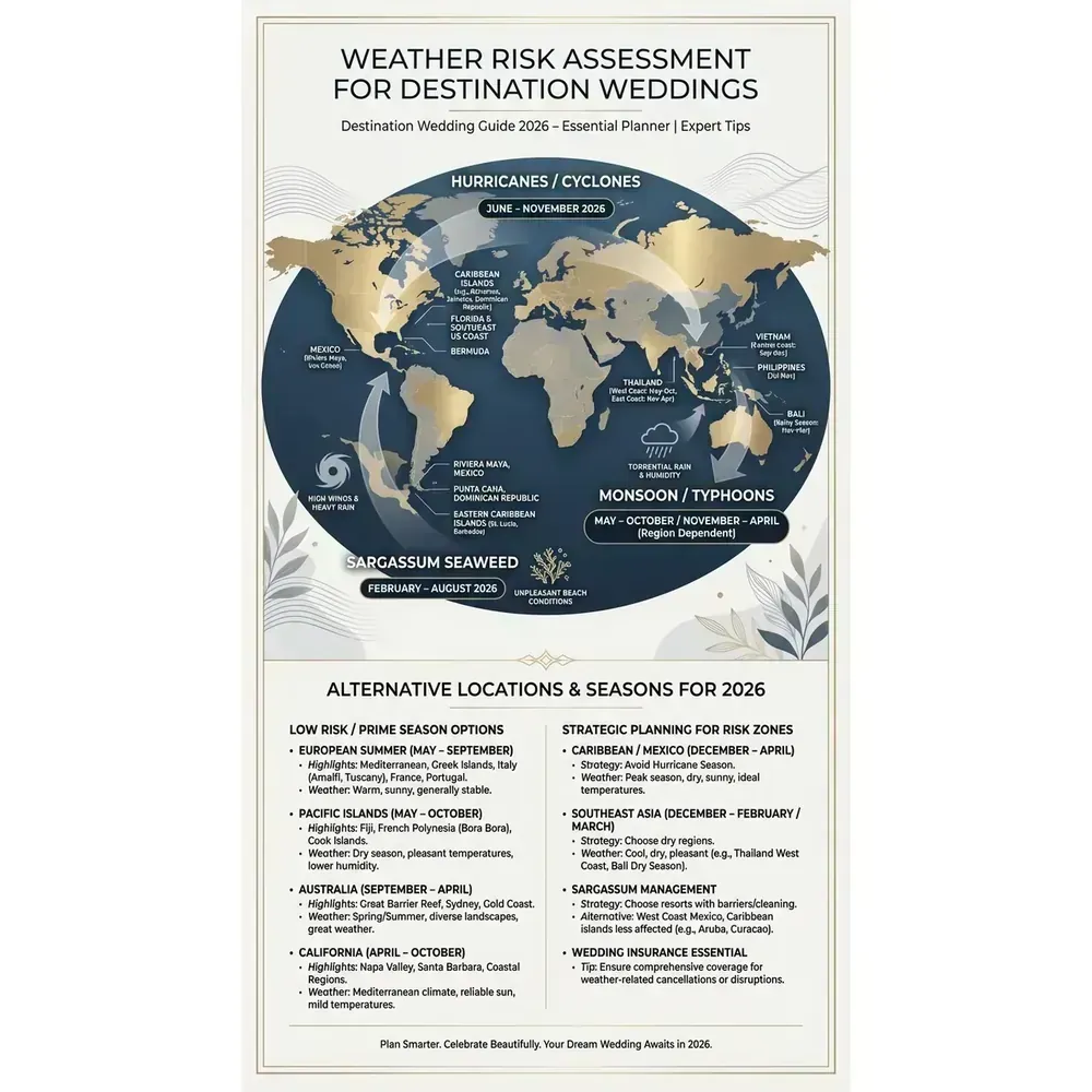 Destination Wedding Guide 2026 – Essential Planner | Expert Tips – Weather Risk Assessment for Destination Weddings infographic for luxury destination wedding and travel planning. Key details: Planning a Destination Wedding starts with one unromantic truth: you are not just. Visual focus: A world map highlighting regions with potential weather risks.