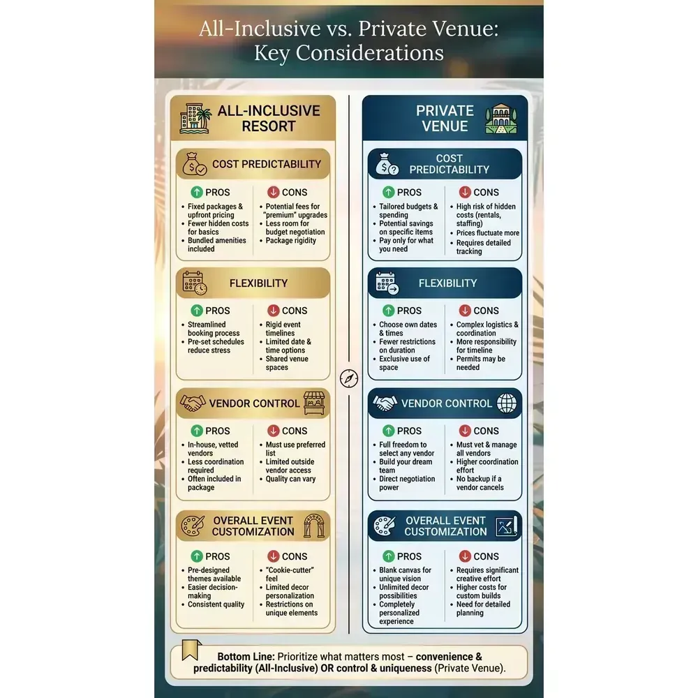 Destination Wedding Guide 2026 – Essential Planner | Expert Tips – All-Inclusive vs. Private Venue: Key Considerations infographic for luxury destination wedding and travel planning. Key details: Planning a Destination Wedding starts with one unromantic truth: you are not just. Visual focus: A side-by-side comparison of all-inclusive resorts and private.