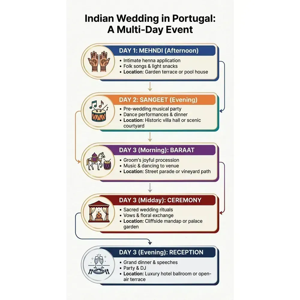Indian Wedding in Portugal – Indian Wedding in Portugal: A Multi-Day Event infographic for luxury destination wedding and travel planning. Key details: Indian Wedding in Portugal. Visual focus: A flowchart illustrating the typical multi-day schedule of an Indian.