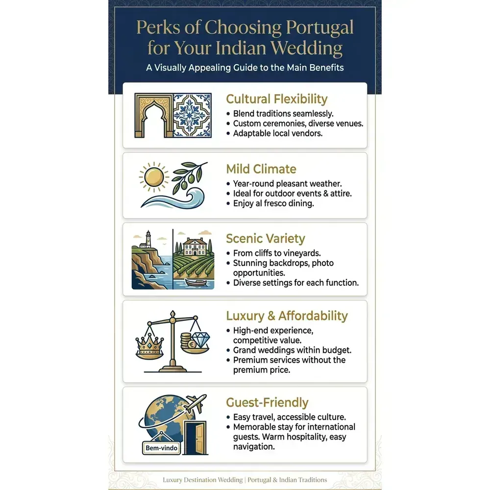 Indian Wedding in Portugal – Perks of Choosing Portugal for Your Indian Wedding infographic for luxury destination wedding and travel planning. Key details: Indian Wedding in Portugal. Visual focus: A visually appealing list of icons representing the main benefits of.