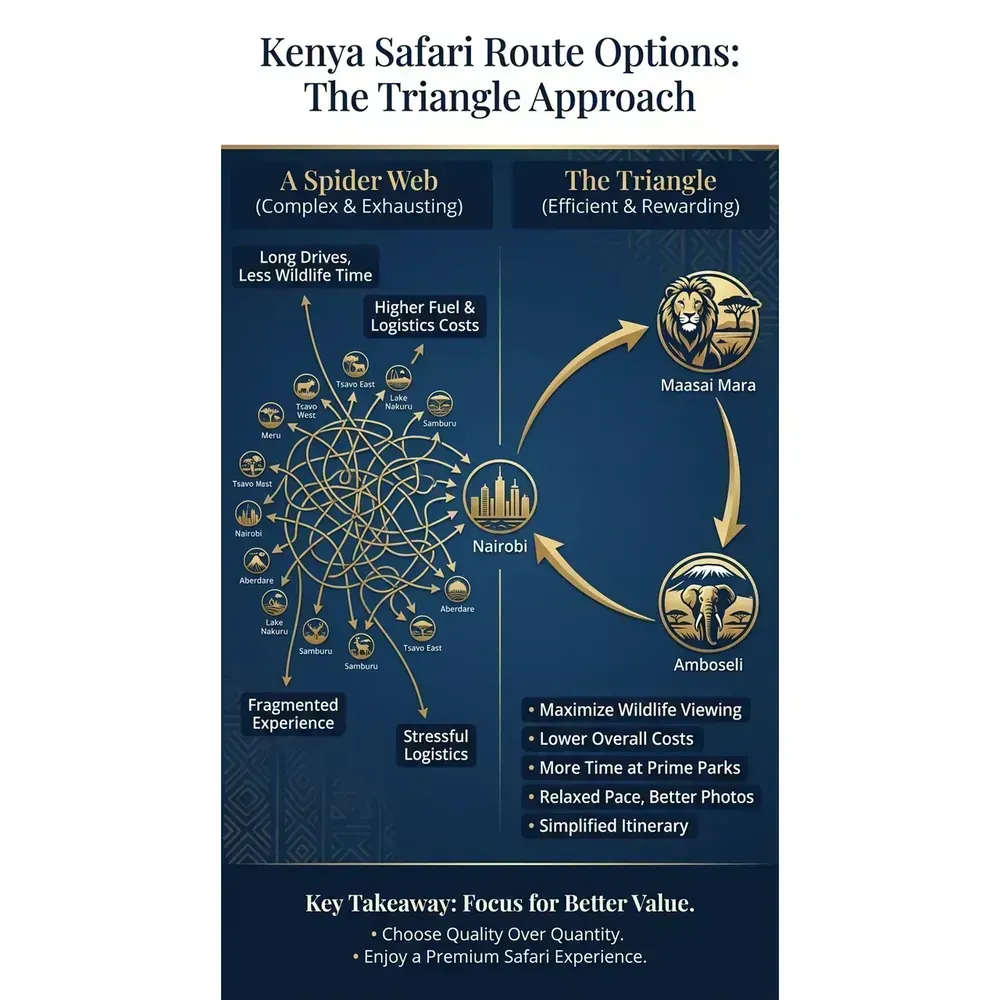 Kenya 7 Day Safari Itinerary: Routes, Costs & Tips – Kenya Safari Route Options: The Triangle Approach infographic for African safari planning. Key details: A Kenya 7 day safari itinerary can absolutely deliver serious Big Five sightings,. Visual focus: Visually represent the 'triangle, not a spider web' concept, showing.