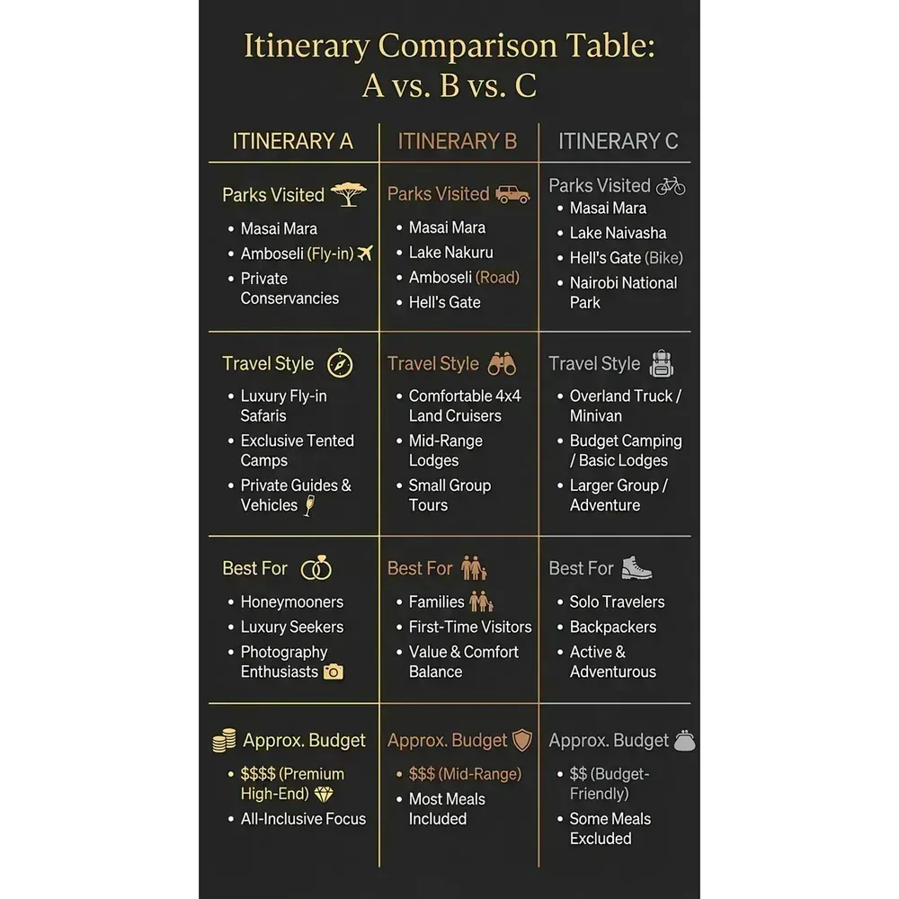 Kenya 7 Day Safari Itinerary: Routes, Costs & Tips – Itinerary Comparison Table: A vs. B vs. C infographic for African safari planning. Key details: A Kenya 7 day safari itinerary can absolutely deliver serious Big Five sightings,. Visual focus: Create a visually appealing summary of the key differences between.
