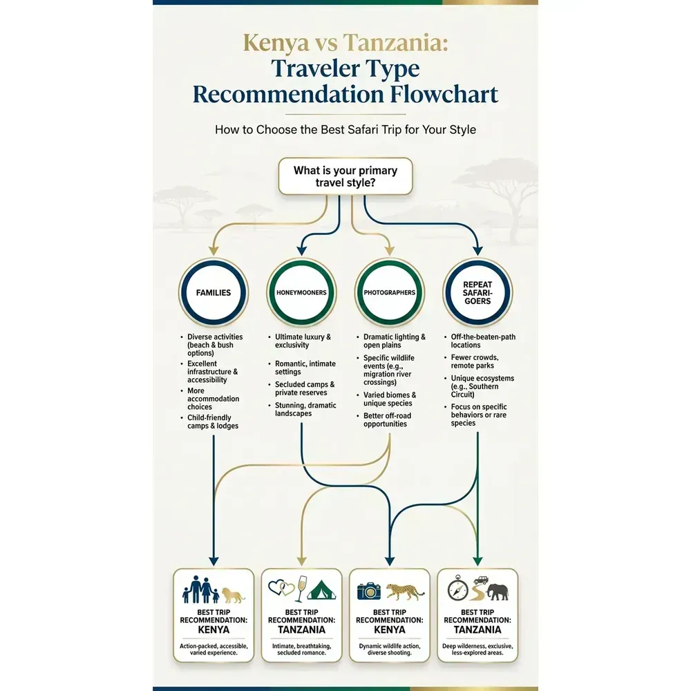 Kenya vs Tanzania Safari: How to Choose the Best Trip – Kenya vs Tanzania: Traveler Type Recommendation Flowchart infographic for African safari planning. Key details: Choosing between a Kenya vs Tanzania safari is not about which country wins a. Visual focus: Create a flowchart to help readers quickly determine which country is.