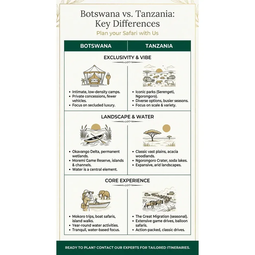 Plan your Safari with Us – Botswana vs. Tanzania: Key Differences infographic for luxury safari travel planning. Key details: Let us help you plan the perfect Safari whether you want Kenya or Tanzania (or both).. Visual focus: A side-by-side comparison table highlighting the core differences.