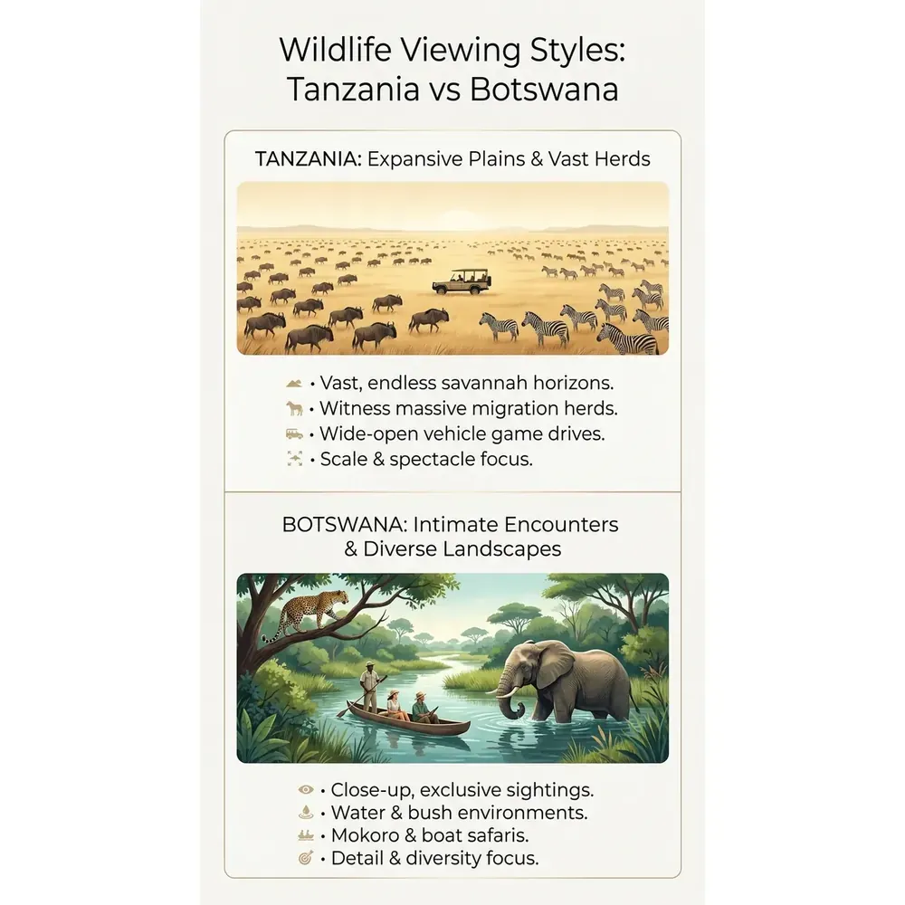 Plan your Safari with Us – Wildlife Viewing Styles: Tanzania vs Botswana infographic for luxury safari travel planning. Key details: Let us help you plan the perfect Safari whether you want Kenya or Tanzania (or both).. Visual focus: A visual comparing the wildlife viewing styles in Tanzania and.