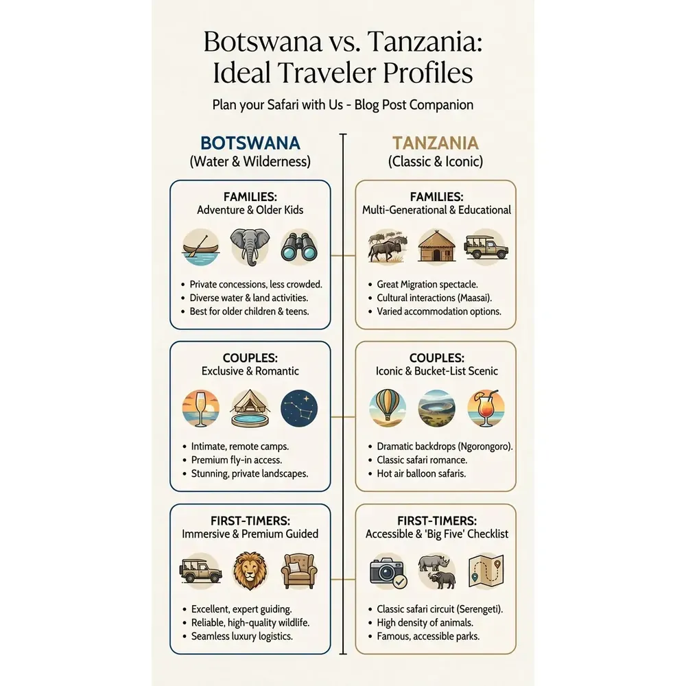 Plan your Safari with Us – Botswana vs. Tanzania: Ideal Traveler Profiles infographic for luxury safari travel planning. Key details: Let us help you plan the perfect Safari whether you want Kenya or Tanzania (or both).. Visual focus: A graphic matching traveler types (families, couples, first-timers).