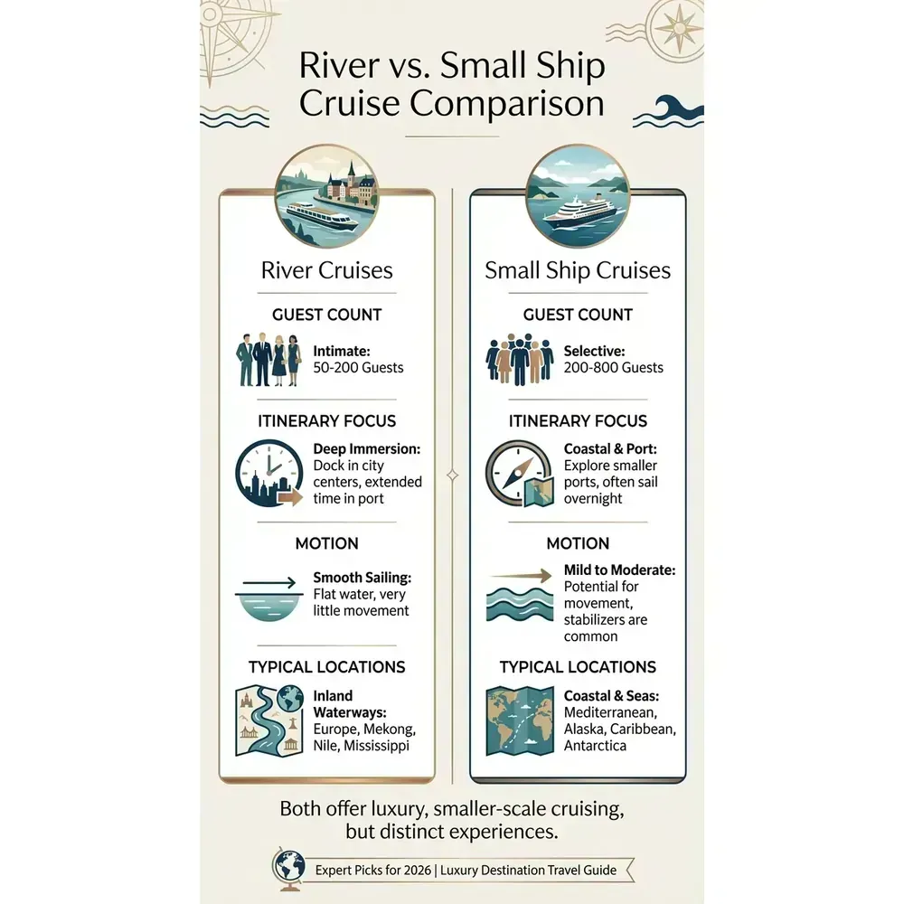 River and Small Ship Cruises – 2026 Guide | Expert Picks – River vs. Small Ship Cruise Comparison infographic for luxury cruise planning. Key details: Featured image. Visual focus: Visually compare river cruises and small ship cruises based on key.