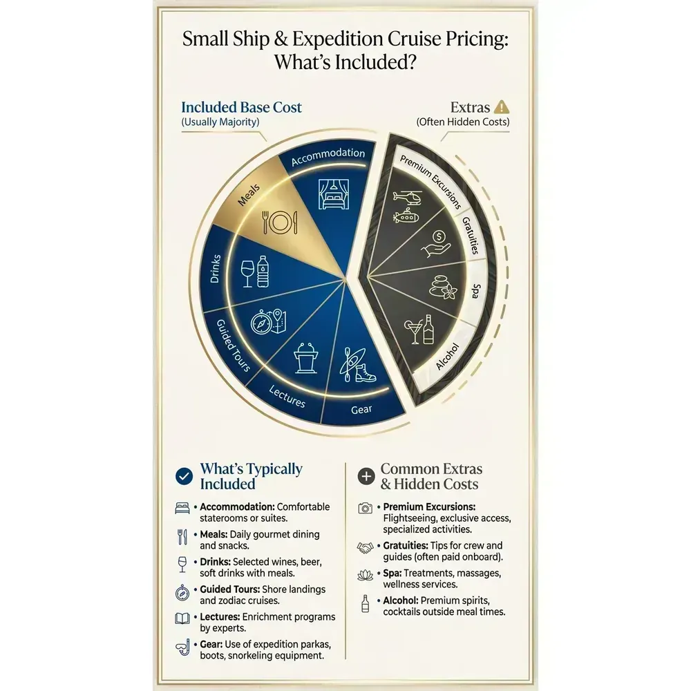 River and Small Ship Cruises – 2026 Guide | Expert Picks – Small Ship & Expedition Cruise Pricing: What's Included? infographic for luxury cruise planning. Key details: Featured image. Visual focus: Illustrate typical small ship & expedition cruise inclusions.