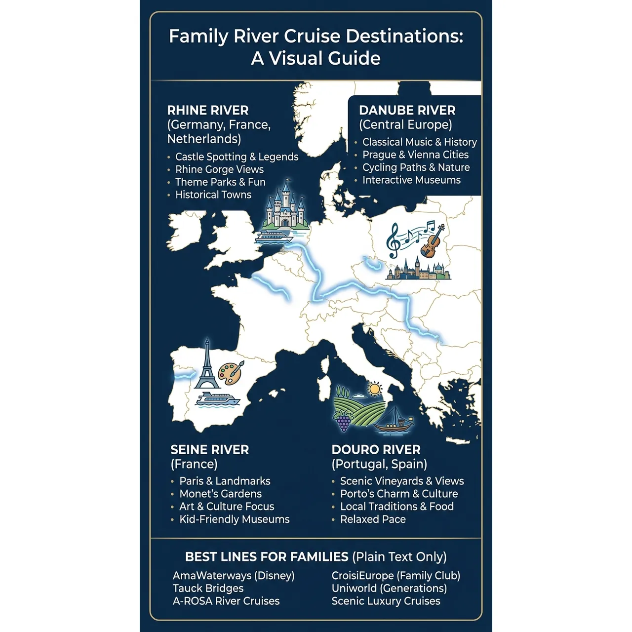 River cruise for families 2026 best lines and routes – Family River Cruise Destinations: A Visual Guide infographic for luxury travel planning. Key details: A river cruise for families can be an excellent trip when the children are old enough. Visual focus: A map of Europe highlighting the Rhine, Danube, Seine, and Douro.