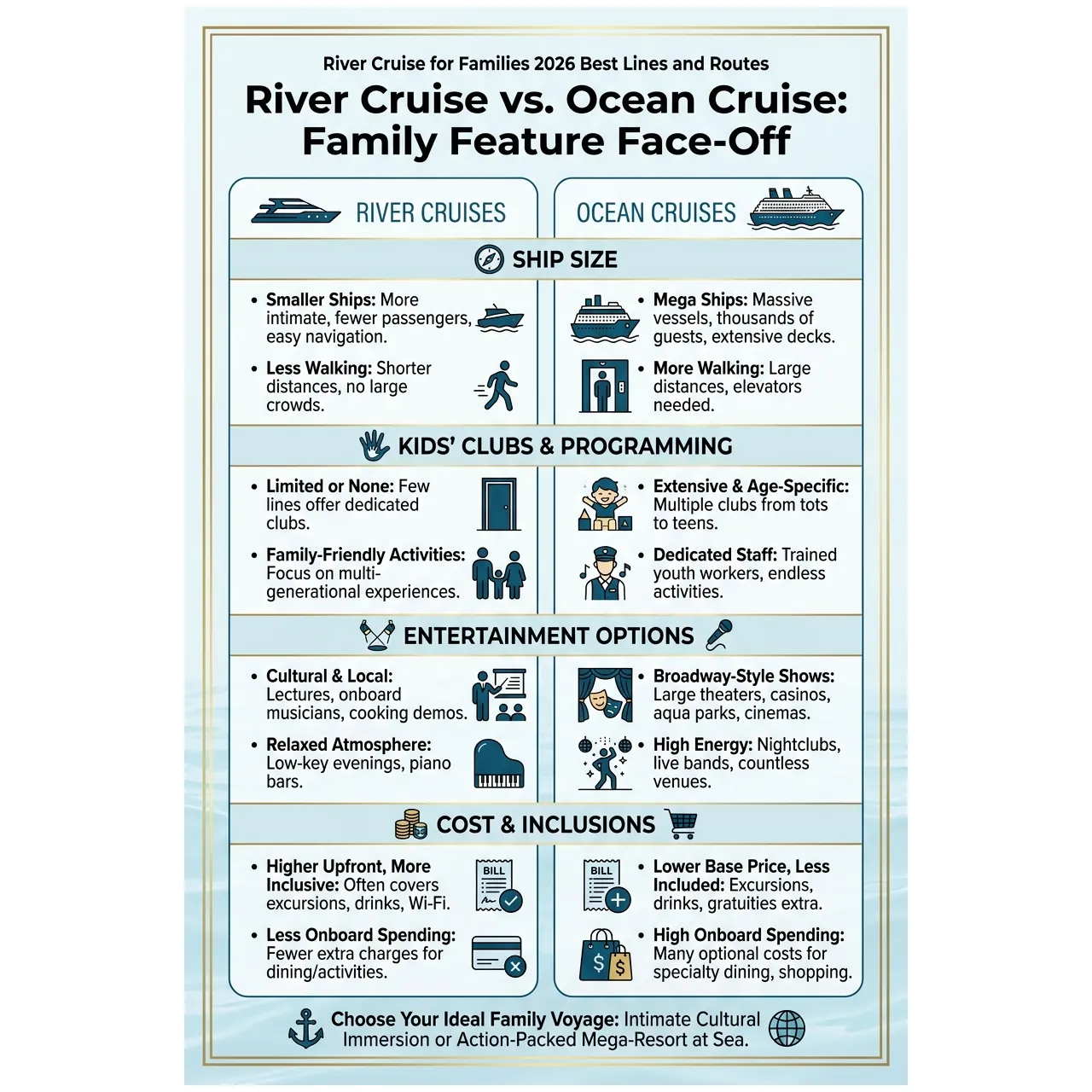 River cruise for families 2026 best lines and routes – River Cruise vs. Ocean Cruise: Family Feature Face-Off infographic for luxury travel planning. Key details: A river cruise for families can be an excellent trip when the children are old enough. Visual focus: A side-by-side comparison table contrasting river cruises and ocean.