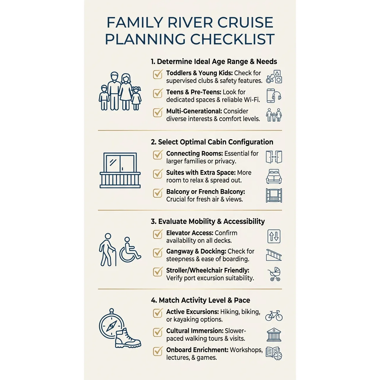 River cruise for families 2026 best lines and routes – Family River Cruise Planning Checklist infographic for luxury travel planning. Key details: A river cruise for families can be an excellent trip when the children are old enough. Visual focus: A checklist visualizing key planning steps for a family river cruise,.