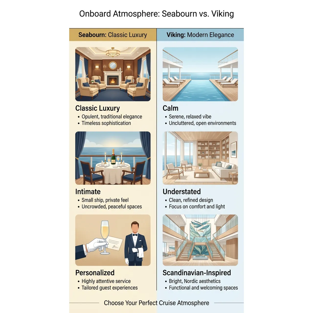 Seabourn vs Viking Which Cruise Line Fits You Best – Onboard Atmosphere: Seabourn vs. Viking infographic for luxury travel planning. Key details: If you're comparing Seabourn vs Viking, you're already looking above the standard cruise. Visual focus: A visual comparison of the onboard atmosphere, using keywords and.