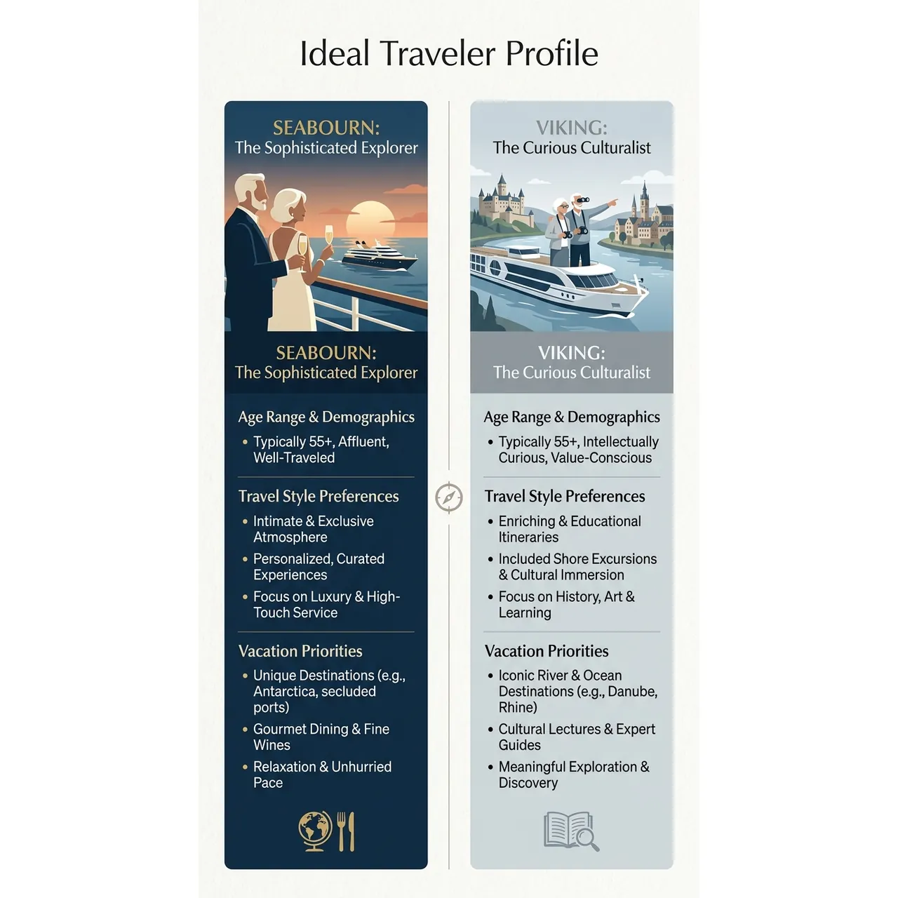 Seabourn vs Viking Which Cruise Line Fits You Best – Ideal Traveler Profile infographic for luxury travel planning. Key details: If you're comparing Seabourn vs Viking, you're already looking above the standard cruise. Visual focus: Two distinct 'persona' descriptions, one for Seabourn and one for.
