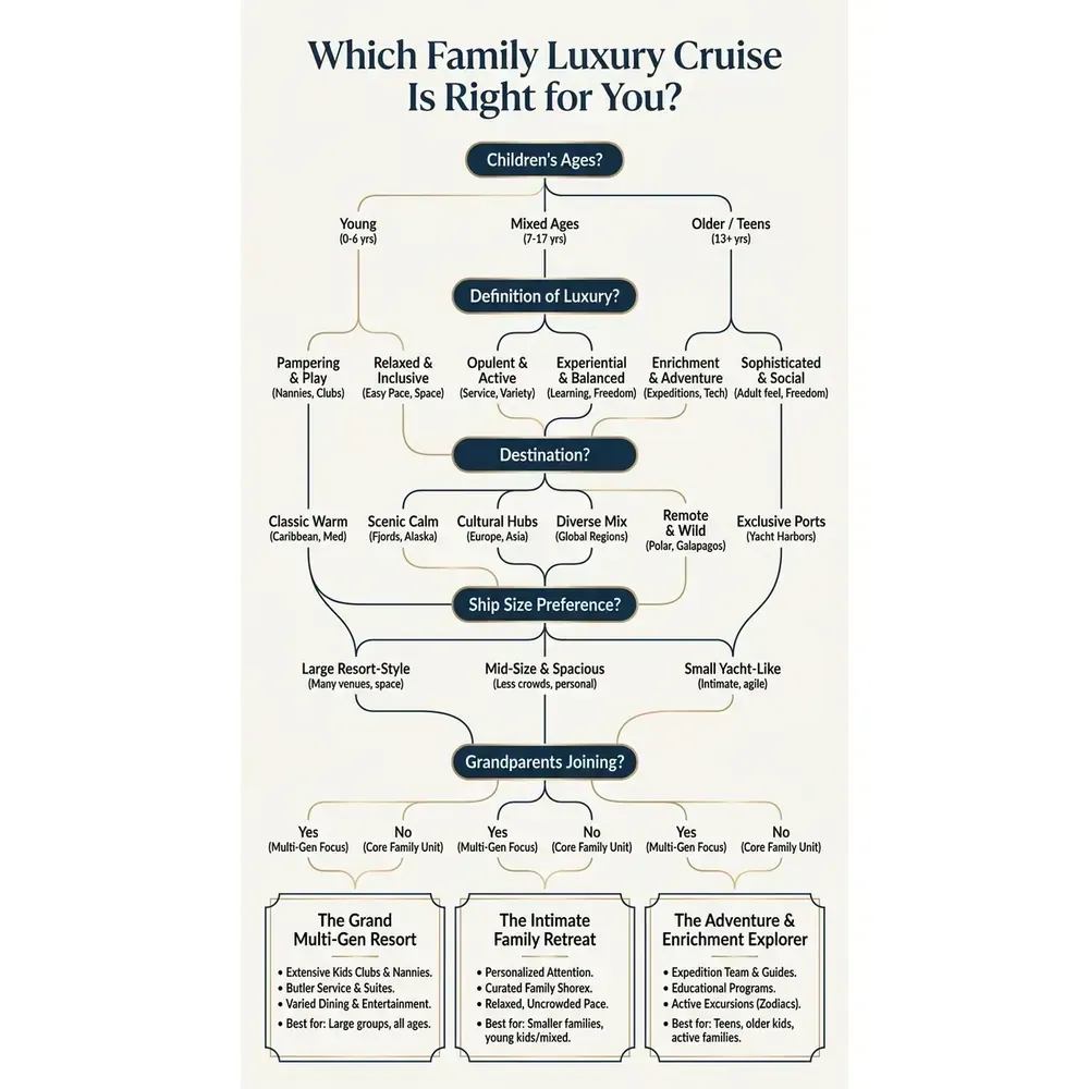 Top 3 Family Luxury Cruises – Which Family Luxury Cruise Is Right for You? infographic for luxury cruise planning. Key details: Featured image. Visual focus: A flowchart or decision tree that guides users to the best cruise.