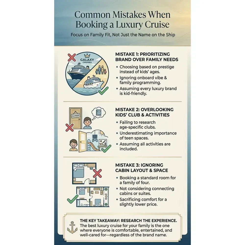 Top 3 Family Luxury Cruises – Common Mistakes When Booking a Luxury Cruise infographic for luxury cruise planning. Key details: Featured image. Visual focus: A visually engaging list of common mistakes families make when.